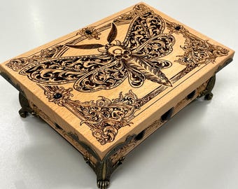 Wooden Tarot deck holder , Death's Head Hawk Moth Engraved Altar Storage tarot reader gift