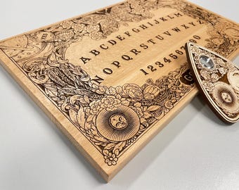 Floral Ouija board with planchette sun and moon flowers and butterflies with ,Esoteric Spirit board engraved with wiccan design