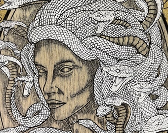 Medusa-kunstwanddecor gegraveerd op hout, gotisch interieur, Medusa-decor gegraveerd en met de hand geschilderd, Gorgon-decor, GEEN afdruk