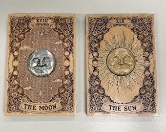 Sonne und Mond Tarot-Wand-Dekor-Set, Holz Witchy Art, okkulte Altar hängen, Wohnkultur