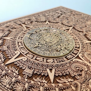 Mayan calendar mayan jewelry Box, engraved ,gift for him ,tarot holder carved in solid wood, aztec art multiple deck storage wood 13.7 INCH