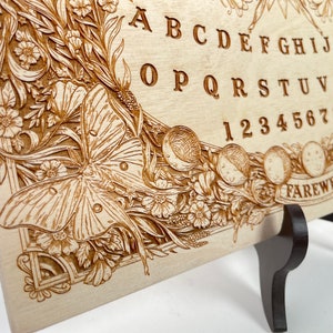 Spiritual Ouija board wood engraved with flowers Luna moth and moon phases ,floral planchette for spiritualism pagan wooden positive