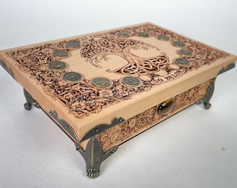 Mesa de altar pequeña con almacenamiento, soporte para baraja del árbol de la vida, organizador de decoración de altar, joyero