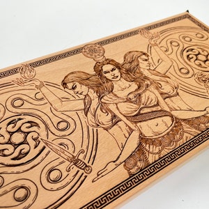 Hecate Altar table triple moon goddess engraved on wood ,Hekate Altar Board wooden Ritual Table, Altar Offering Crystal Holder witchcraft