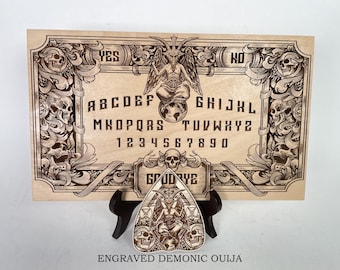 Baphomet Ouija Board Engraved in Solid Wood – Occult Lucifer Spirit Board with Planchette, Esoteric Ritual Divination Decor