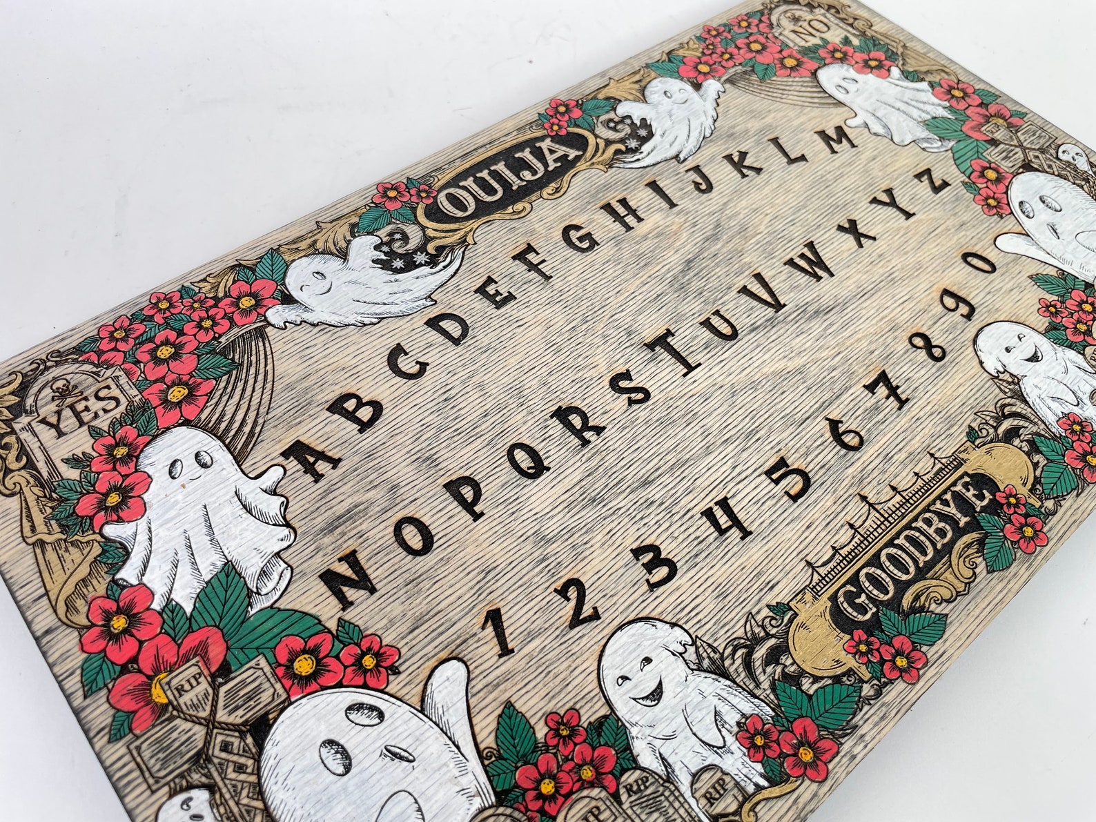 Cute Ghost Ouija Board Wall Art – Floral Wooden Spirit Board for Table ...