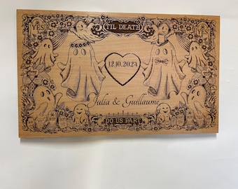 Hasta que la muerte nos separe, regalo personalizado de aniversario de boda estilo Ouija, letrero de madera grabado, decoración gótica de amor