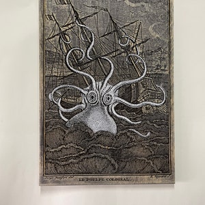 Kraken giant octopus and shipwreck rustic bathroom or home office wall art , enhanced engraved reproduction of 19th century hand painted