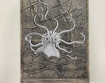 Pulpo gigante Kraken y naufragio, arte rústico para pared de baño u oficina en casa, reproducción grabada mejorada de pintura a mano del siglo XIX