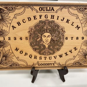 Celestial wooden Ouija board, engraved  with Medusa , planchette for spiritualism, wiccan handmade positive Greek spirit board hand painted
