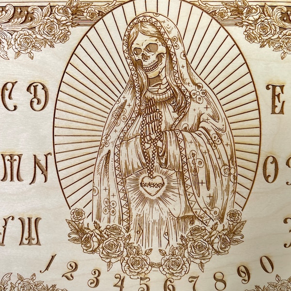 Ouija  Santa Muerte Altar with planchette dia de los muertos talking board, Catrina wooden spirit board  Sacred Heart