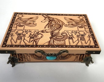 Egyptian Tarot Box with Anubis | Handmade Engraved Wooden Tarot Deck Box | Hieroglyphic Storage Chest