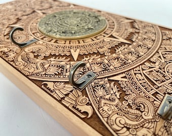 Llavero de calendario maya para pared, grabado en madera, letrero de bienvenida, calendario azteca, sol, regalo de inauguración de la casa, arte maya, no es una impresión