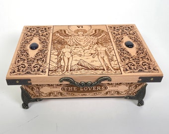 The Lovers Tarot Deck Box – Major Arcana Wooden  Card Holder, Gothic Occult Storage Box, Handmade Beech Wood Tarot Gift