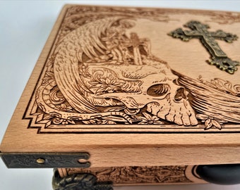 Vampire hunter cross Skull decor Tarot card wooden box , ars goetia demon tarot oracle storage made from solid wood, jewelry  holder