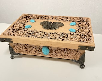 Floral wooden jewelry box with  butterfly and stones made of solid wood, tarot deck holder floral alchemy crystal  wooden keepsake