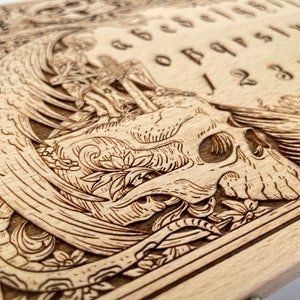 Ouija board with demons and skulls wooden engraving Luxury edition, wood gothic skull spirit board, gothic ouija board with planchette