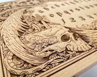 Tablero ouija con demonios y calaveras grabado en madera Edición de lujo, tablero de espíritu de calavera gótica de madera, tablero ouija gótico con planchette