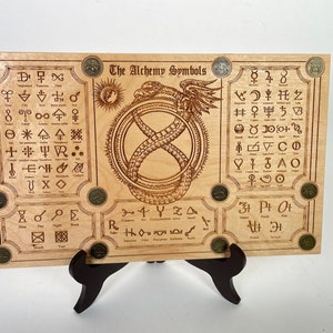 Alchemy periodic table Alchemy symbols board engraved on wood  as alchemical decor Ouroboros  occult sign , alchemical symbols zodiac coins.
