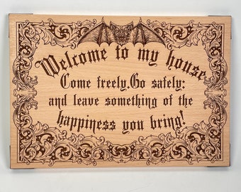 Dracula Quote Wood Sign – Bram Stoker Gothic Wall Art Engraved in Solid Beech Wood, Welcome to My House Decor