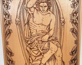 Lucifer Fallen angel gothic wall art, Satanic art engraved on wood, Dark Art, Macabre Art, Le Génie du Mal.