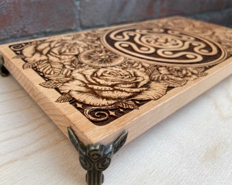 Hekate Altar table triple moon goddess engraved on wood ,witchcraft supplies  wooden Ritual Table, Altar Offering Table and Crystal Holder
