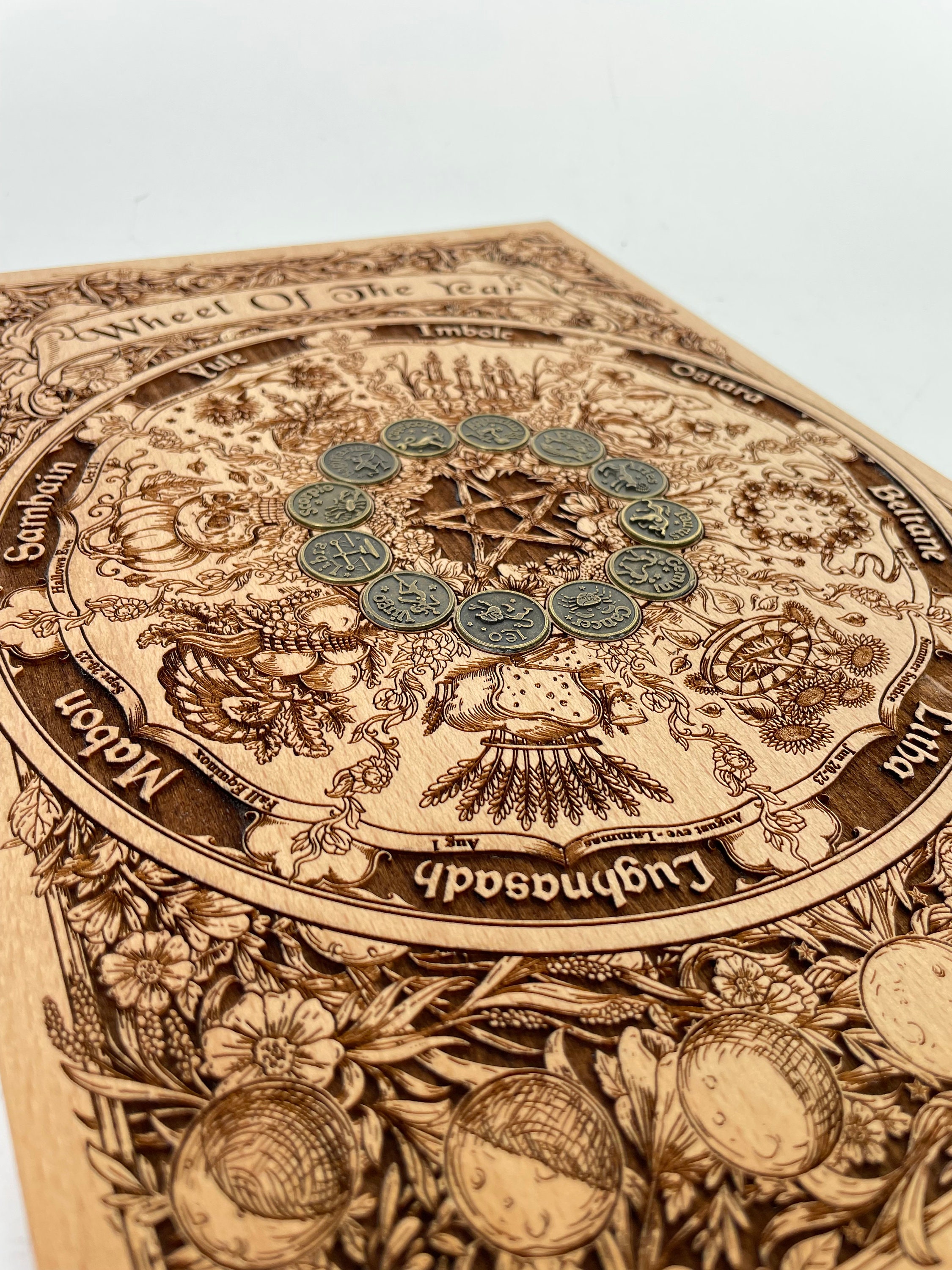 Wheel of the year wiccan wall decor with moon phases and metals zodiac coins engraved in solid wood , wiccan calendar,ostara , imbolc , yule
