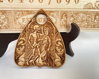 Ouija board with medieval woodcuts and free planchette ,spirit board wooden engraving inspired from Hans Holbein Dance of death