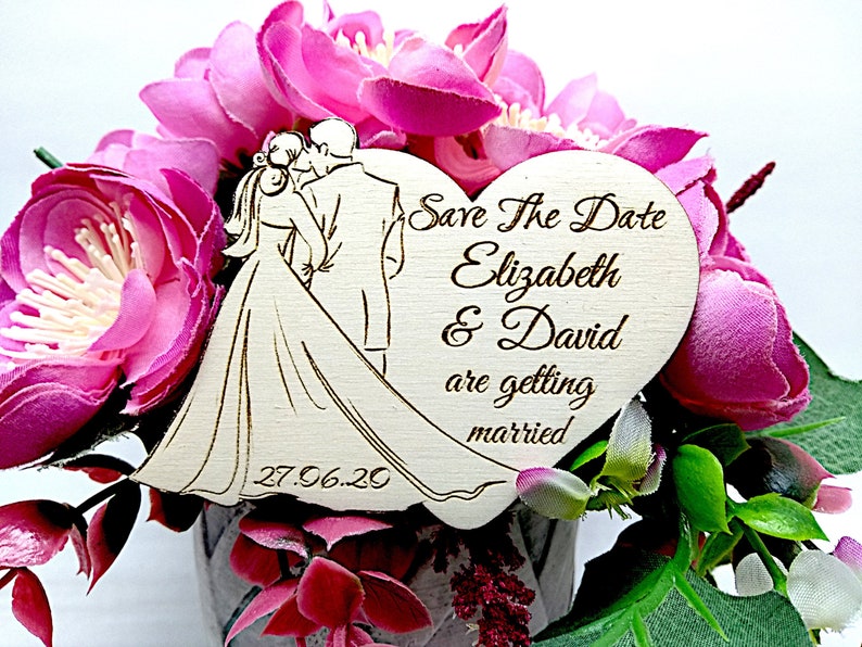 wedding heart save the date from wood SET OF 10 Save the date wooden magnetsRustic Unique and romantic with newlyweds silhouette design
