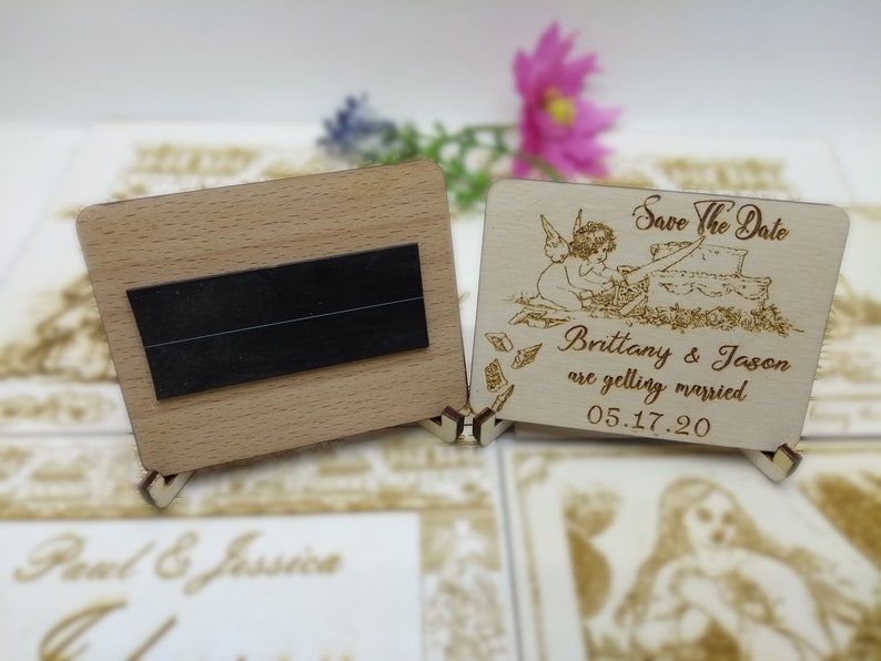 wedding heart save the date from wood SET OF 10 Save the date wooden magnetsRustic Unique and romantic with newlyweds silhouette design