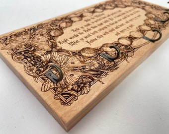 Moon Phases Wiccan Altar Key Holder, Engraved  Wood pendulum Holder Blessed be with engraved Wicca rede