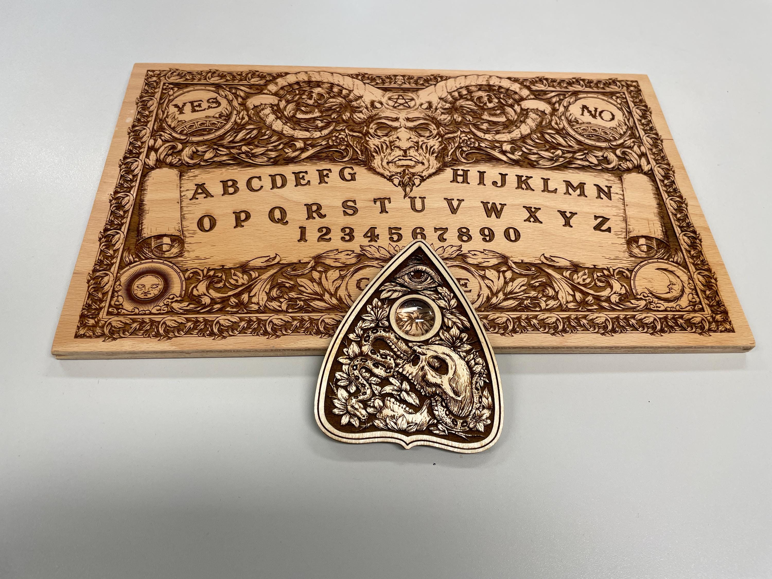 Ouija Board With Demon and Skulls, Spirit Table, Wooden Engraving