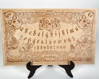 Day of the Dead Ouija Board Sugar Skull , Calavera Decor , Wooden Spirit Board Engraved , Halloween Gift