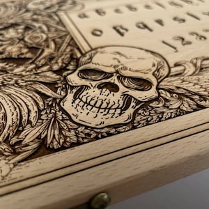 Ouija board with demons and skulls wooden carving Luxury edition, wood gothic skull spirit board with planchette for spiritualism