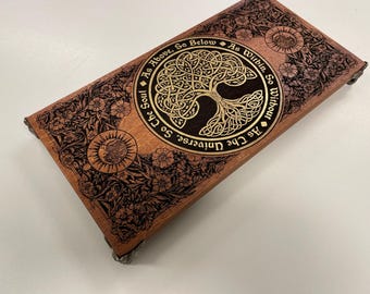 Mesa de altar Árbol de la Vida, estante ritual Wicca grabado en madera de caoba, altar pagano
