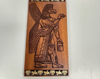 Anunnaki Assyrian Winged Guardian Wall Art , Ancient Sumerian Apkallu Relief Engraved Wood Panel,11.8"