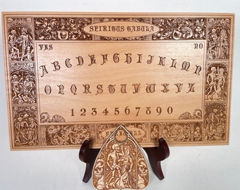 May include: A wooden Ouija board with a planchette featuring a skeleton and a woman. The board has a black and white alphabet, numbers 1-9 and 0, and the words "YES" and "NO". The board is decorated with intricate carvings of skeletons and other gothic imagery.