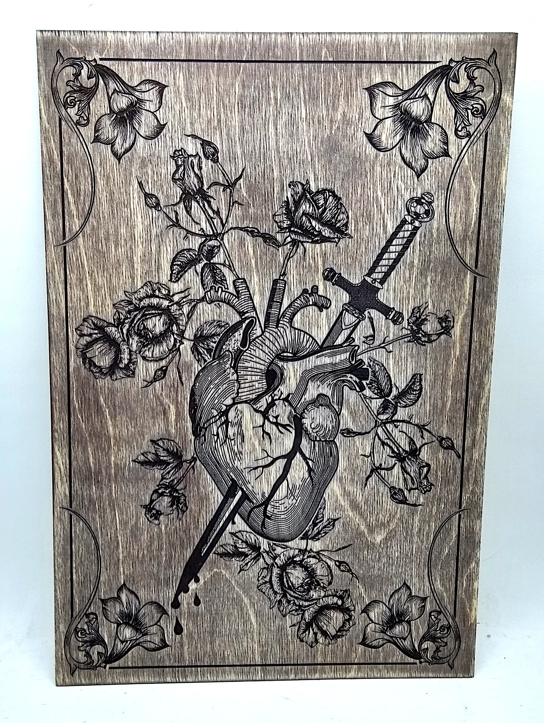 Bleeding Heart Anatomical Wood Engraving, Gothic Tattoo Decor