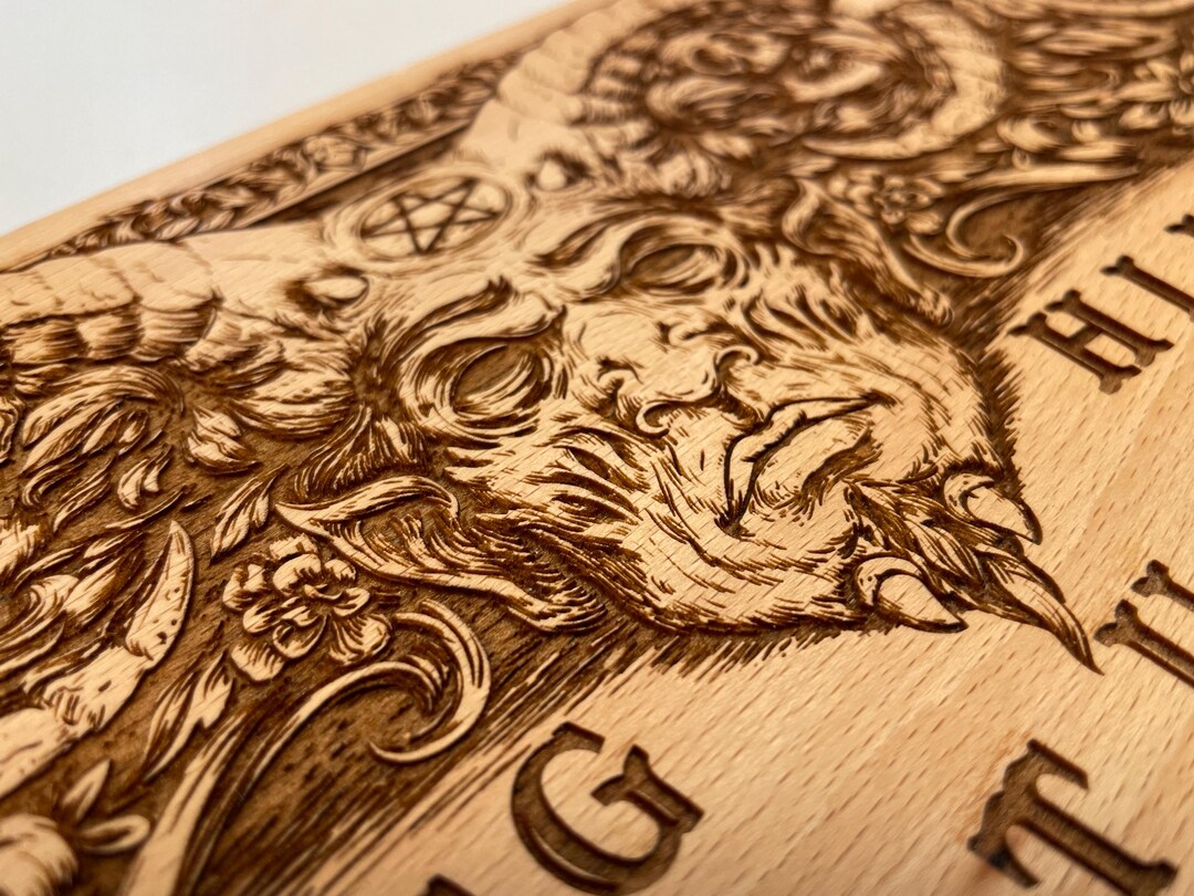 Ouija Board With Demon and Skulls, Spirit Table, Wooden Engraving