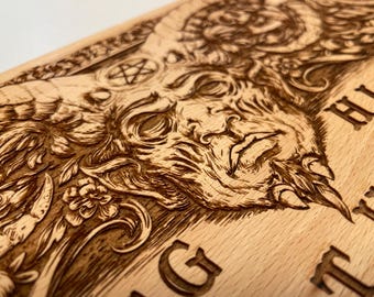 Ouija board with demon and skulls, spirit table, wooden engraving, Baphomet , devil lucifer ouiji planchette board vintage design