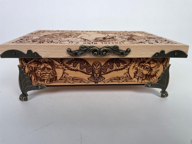 May include: A wooden box with a hinged lid and ornate metal accents. The box is decorated with a wood-burned design featuring an owl, a creature with a large nose, and the text "It's only forever".
