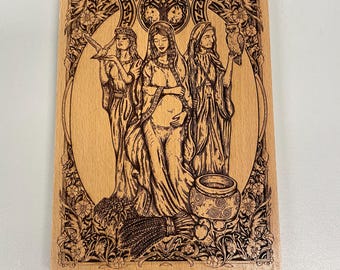Wicca Altar  hanging Blessed Be ,Triple Moon Goddess Wall Art ,Pagan Decor Engraved on Wood