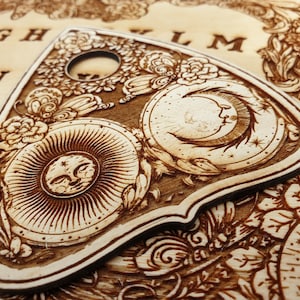 Floral Ouija board with planchette sun and moon flowers and butterflies with ,Esoteric Spirit board engraved with wiccan design