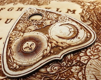 Floral Ouija board with planchette sun and moon flowers and butterflies with ,Esoteric Spirit board engraved with wiccan design