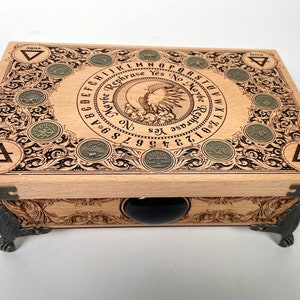 Alchemy symbols pendulum box for tarot decks or crystal holder engraved on wood, jewelry box pendulum board  and inserted zodiac coins