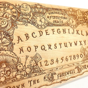 Alice in Wonderland  Ouija board with planchette , spirit board game made of wood  , Cheshire cat art decor ,talking board seance ouiji