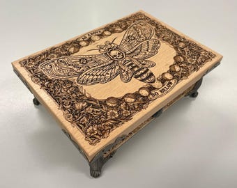 Death's Head Moth Wooden Box – Engraved Moon Phases, Pagan Altar As Above So Below