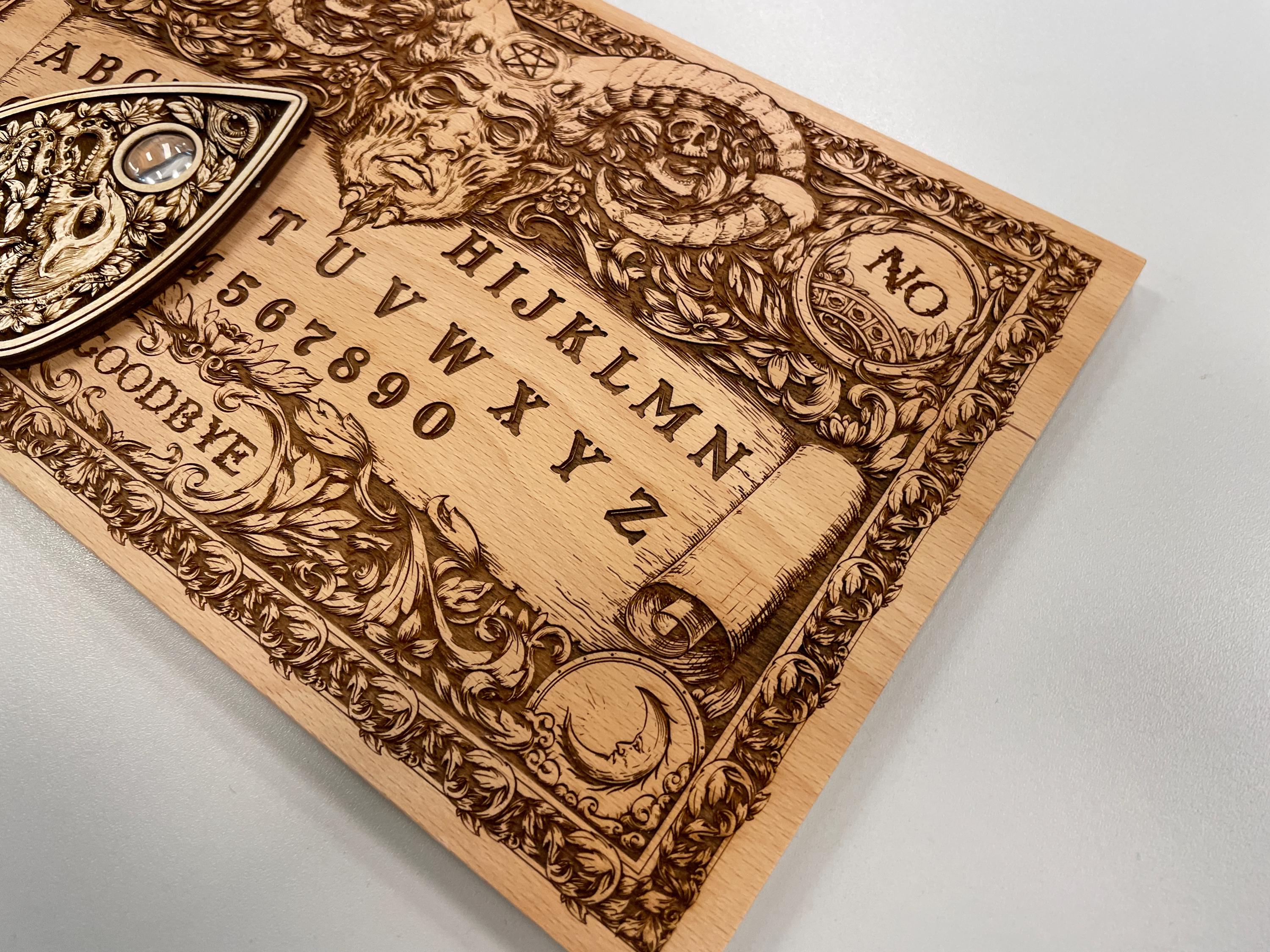 Ouija Board With Demon and Skulls, Spirit Table, Wooden Engraving