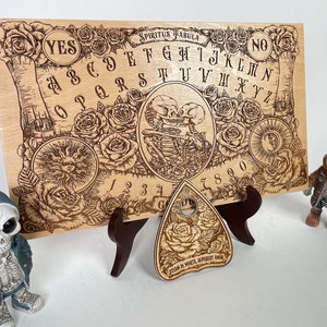 Wooden Ouija with planchette till death do us part, esoteric spirit board ,skull Ouija lovers and roses