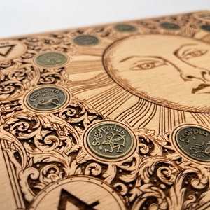 The Sun Tarot deck holder Alchemy symbols box , jewelry box with  zodiac inserts, esoteric art wooden alchemy hermetic tarot gift